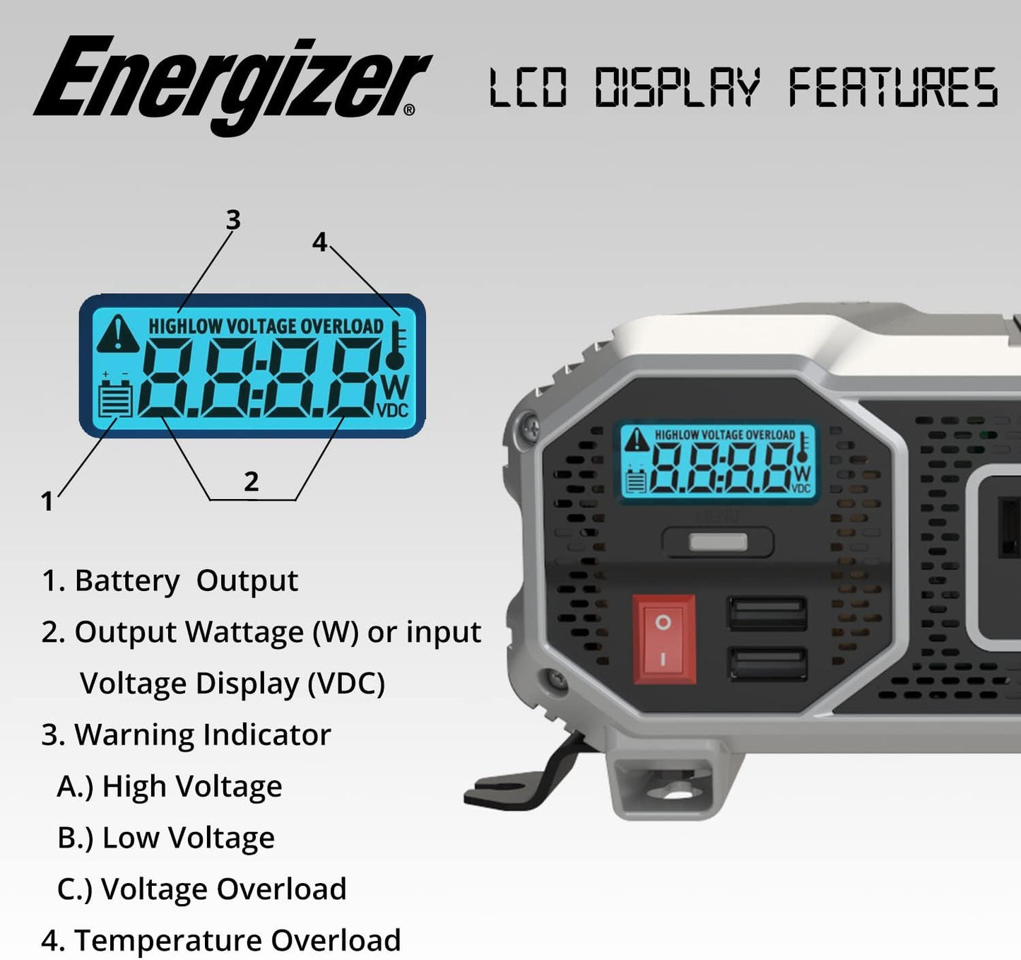 Inversor de corriente Energizer de 2000 vatios, de 12 V a 110 V,(USADO).
