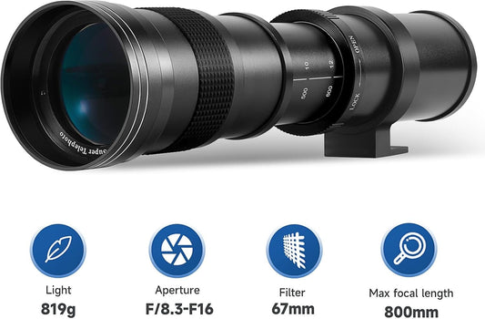 JINTU 420-800mm Camera Lens F/8.3 Super Telephoto Zoom.