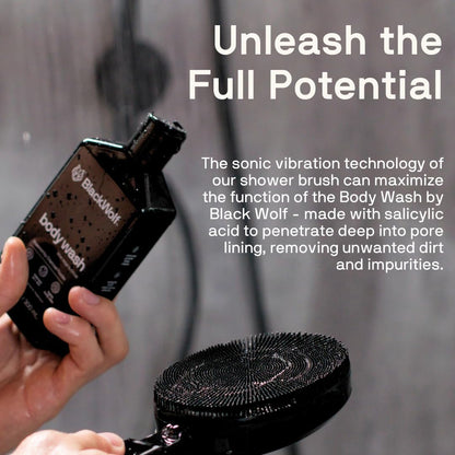 Cepillo vibrante para rostro y cuerpo con gel de ducha, Black Wolf.