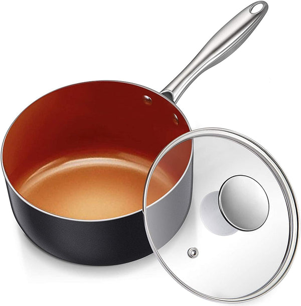 Cacerola de 3 QT con tapa, cacerola de cobre antiadherente MICHELANGELO