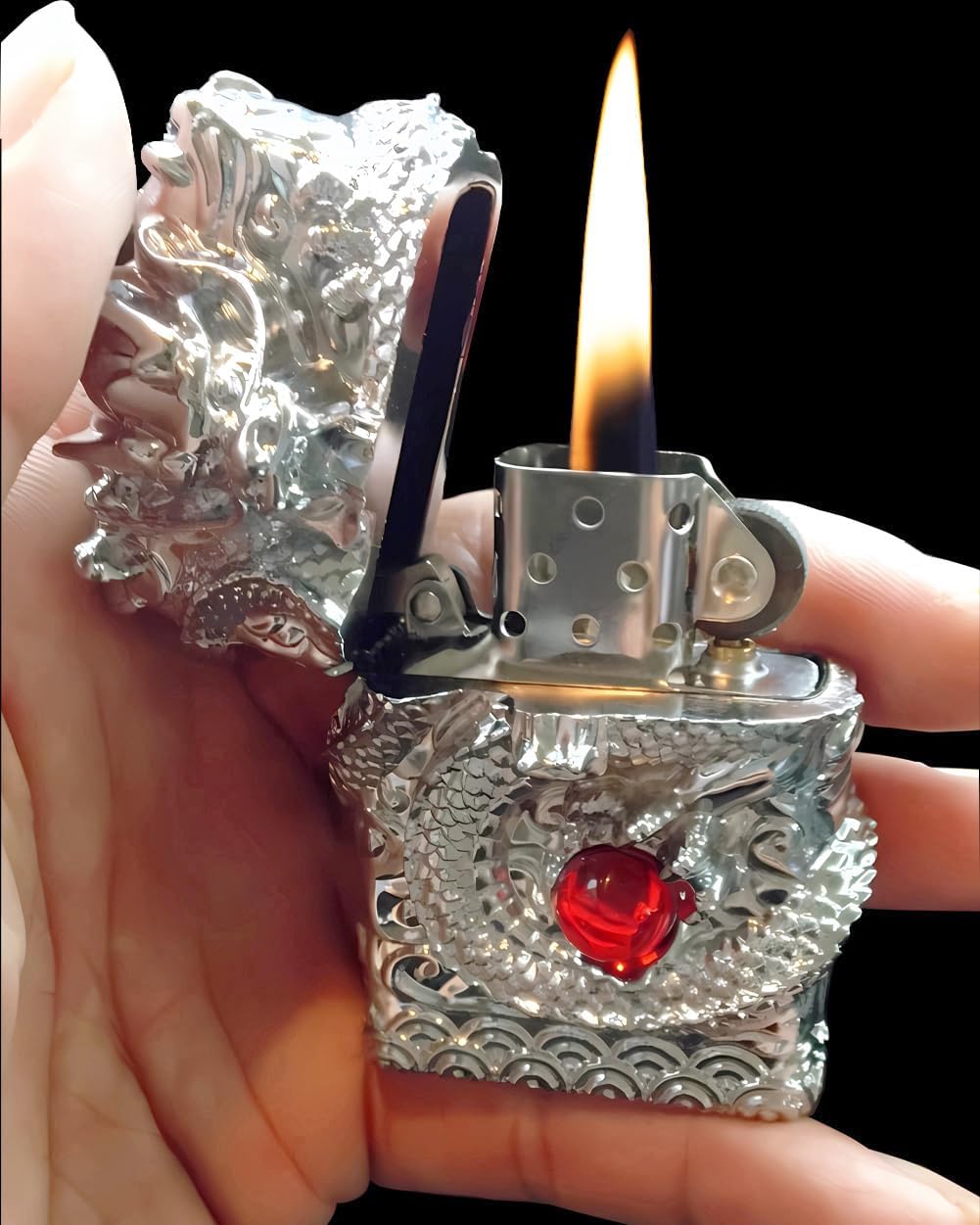 Encendedor de dragón, portátil y reutilizable, color plata.