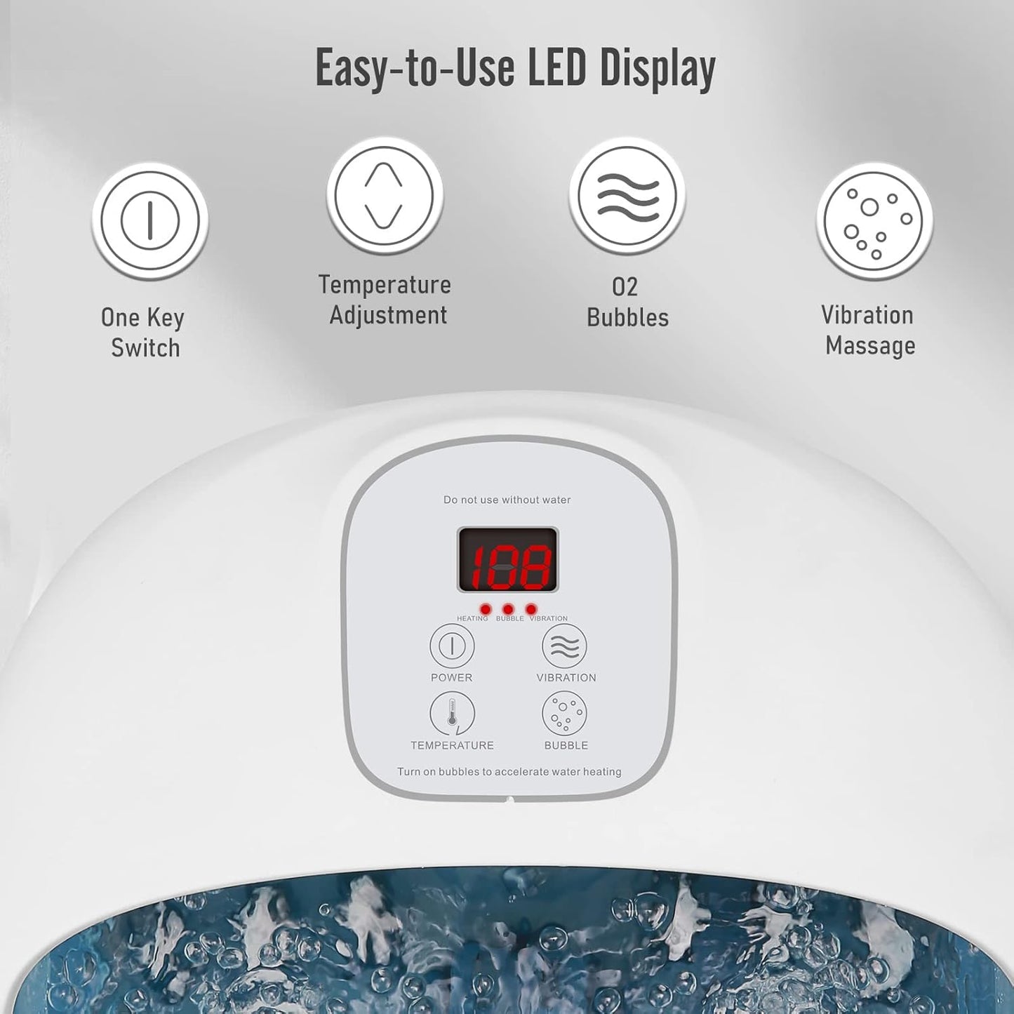 Masajeador de baño de pies con calor, burbujas, vibración, y 14 rodillos de masaje.