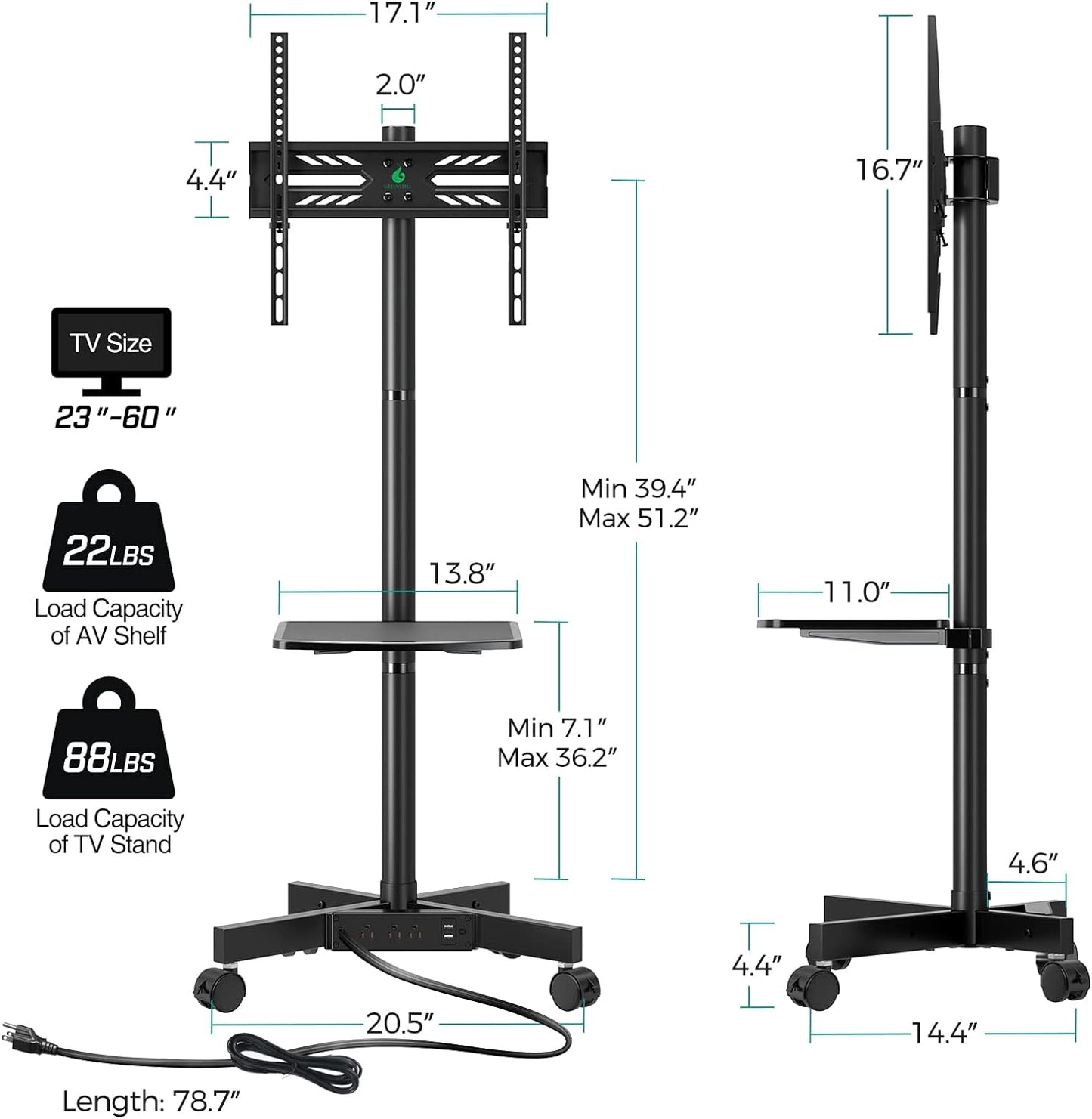 Soporte de TV con Toma de Corriente con Ruedas para televisores GREENSTELL