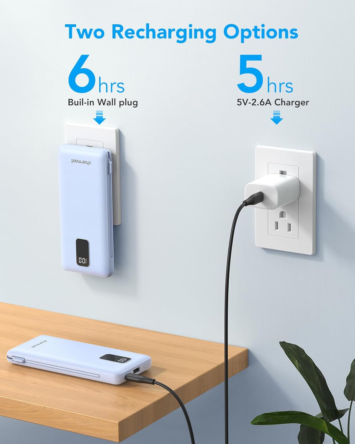 Charmast Cargador portátil con cables integrados y enchufe de pared.