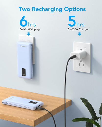 Charmast Cargador portátil con cables integrados y enchufe de pared.