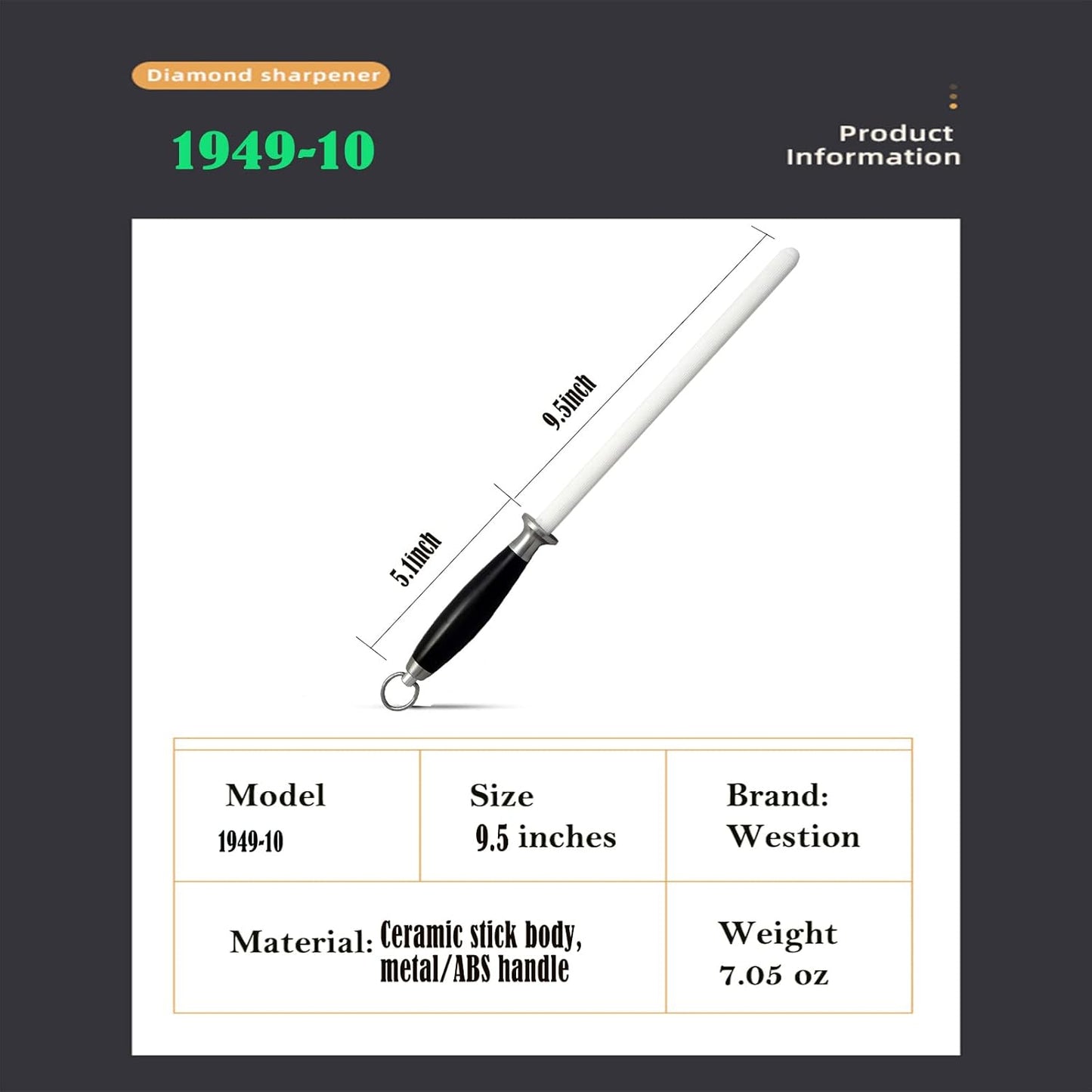 Varilla de afilar, cerámica, 9", P/cuchillos profesionales y caseros.