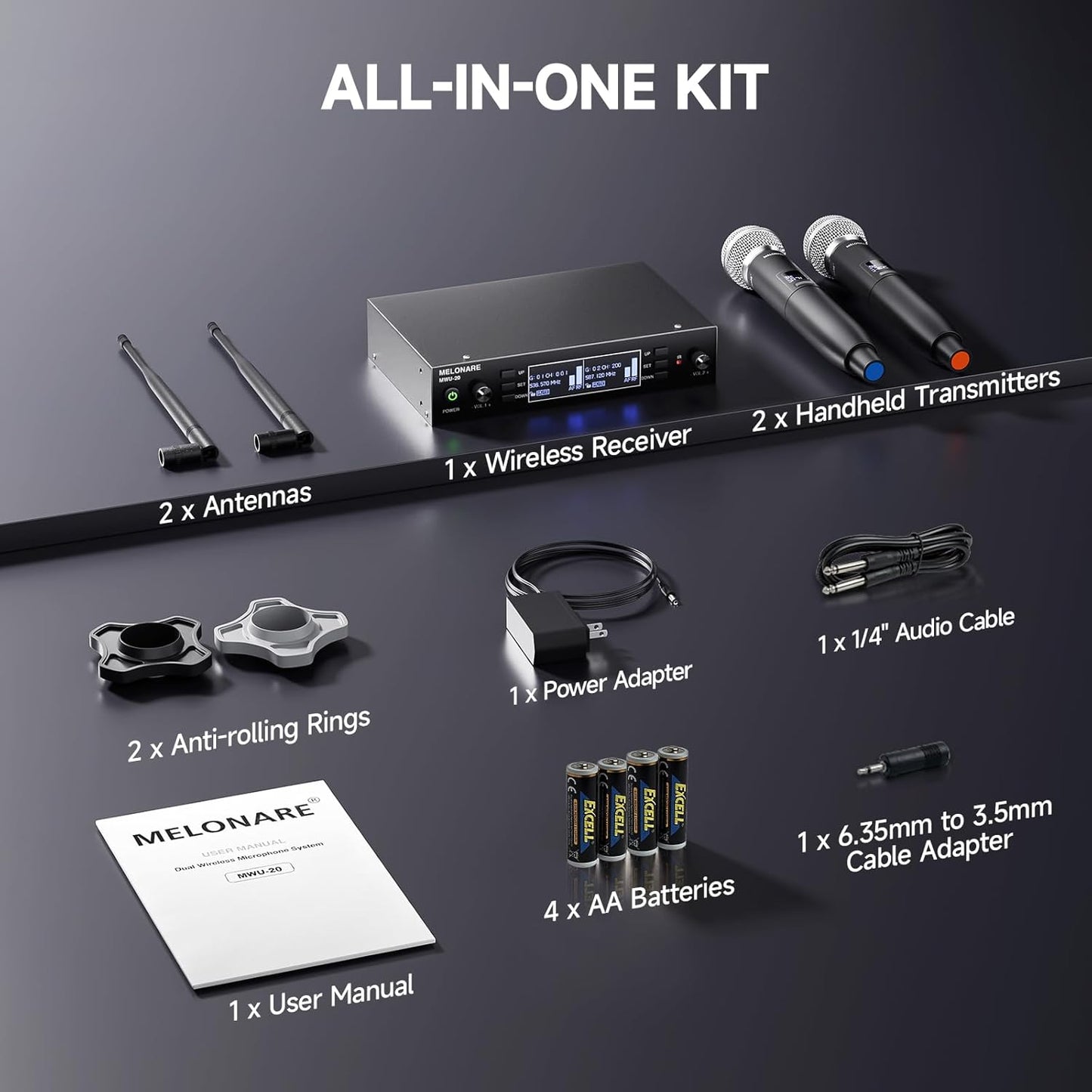 Sistema de micrófono inalámbrico de doble canal, Melonare MWU-20