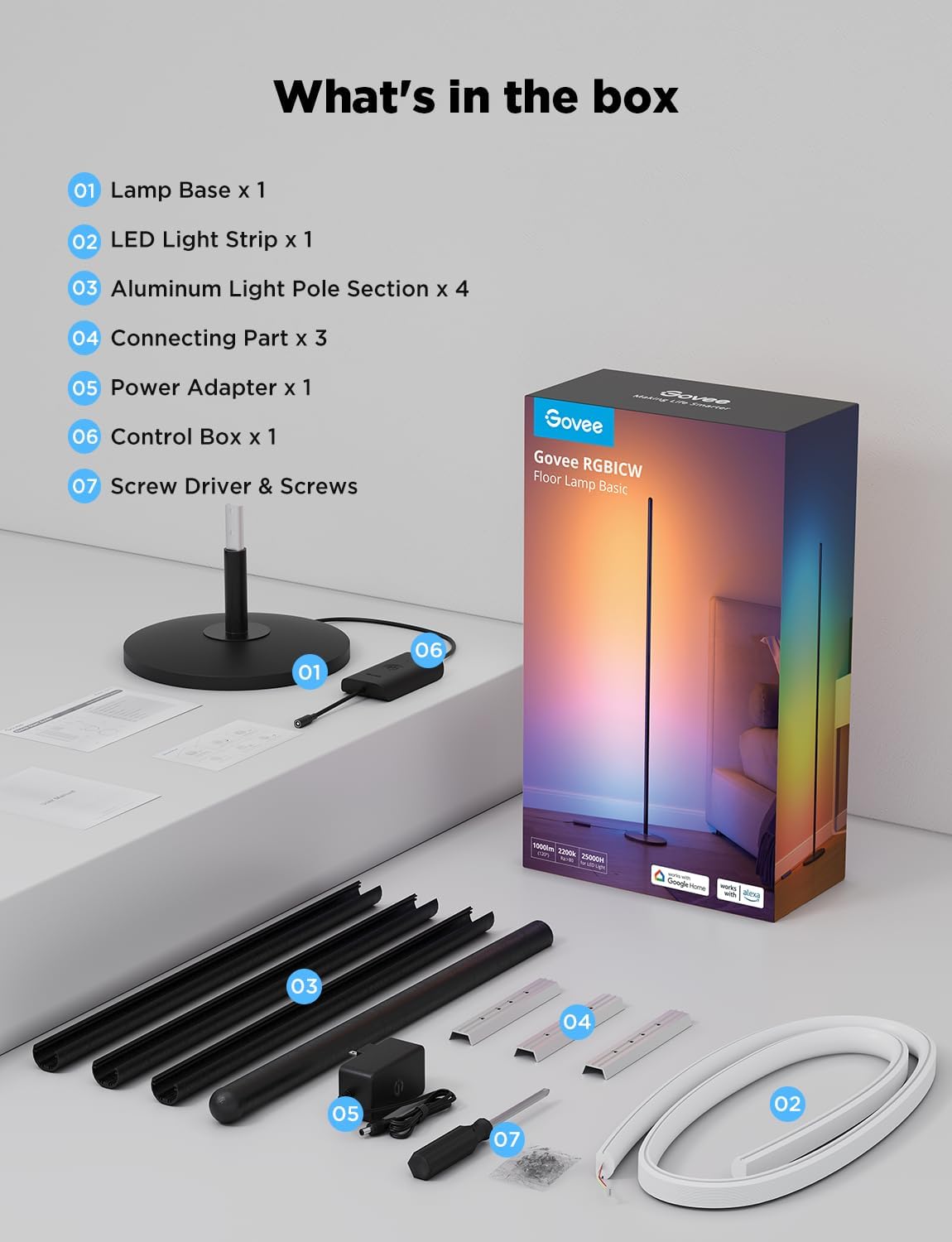 Lámpara de pie básica, Govee RGBICW, funciona con Alexa.