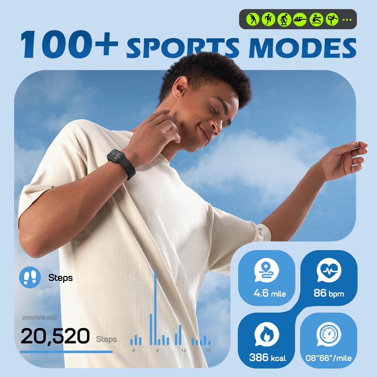 Reloj inteligente, IP68 impermeable, fitness tracker, MorePro AIR2. (NEGRO)