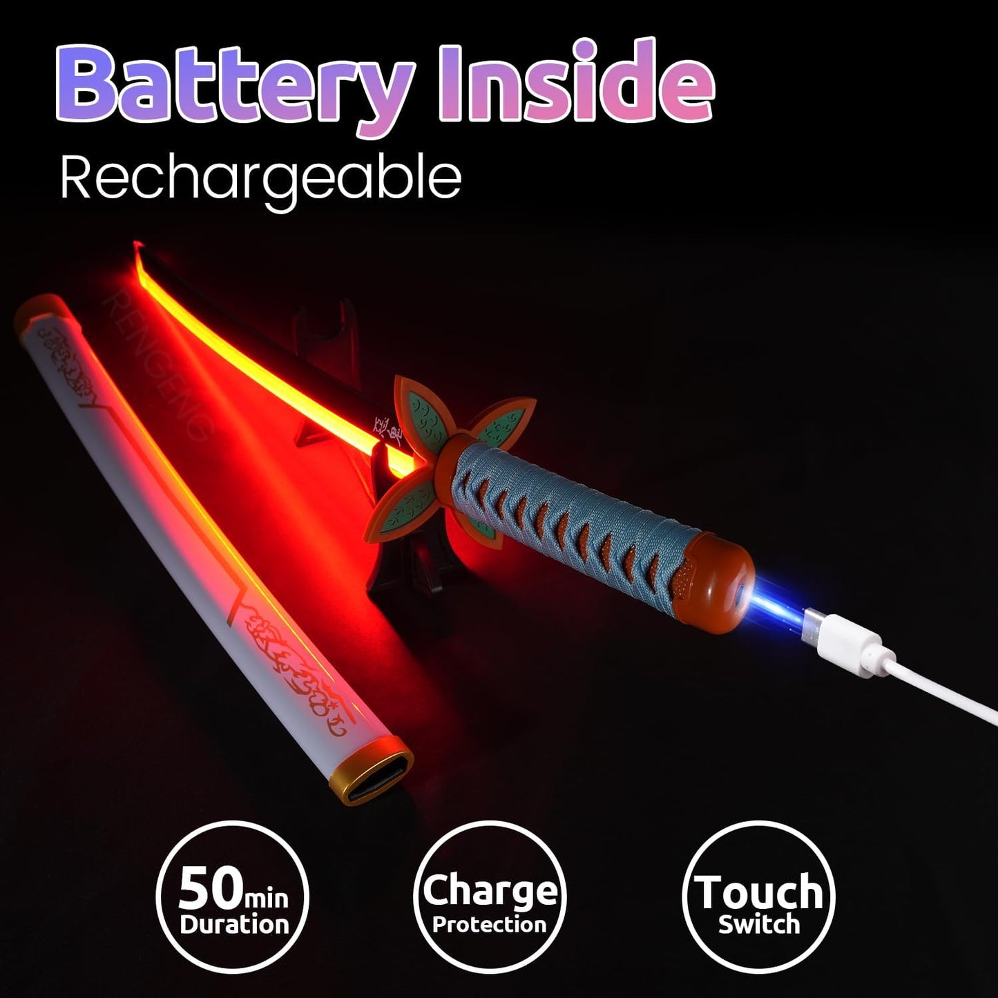 RENGENG, Espada iluminada, réplica de plástico, recargable.(USADA)