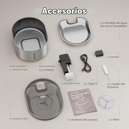 Fuente de agua Smartoo, inalámbrica para gatos de acero inoxidable.