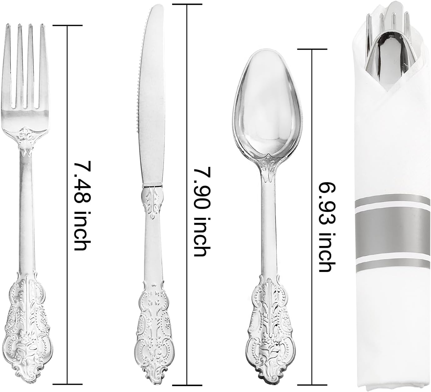 Cubiertos de plástico plateado, Servilletas preenrollados, 400pcs.