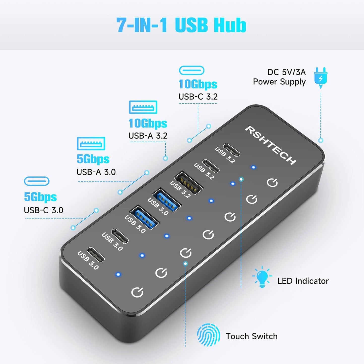 Divisor de concentrador USB 3.2/USB-C, 7 puertos, RSHTECH.