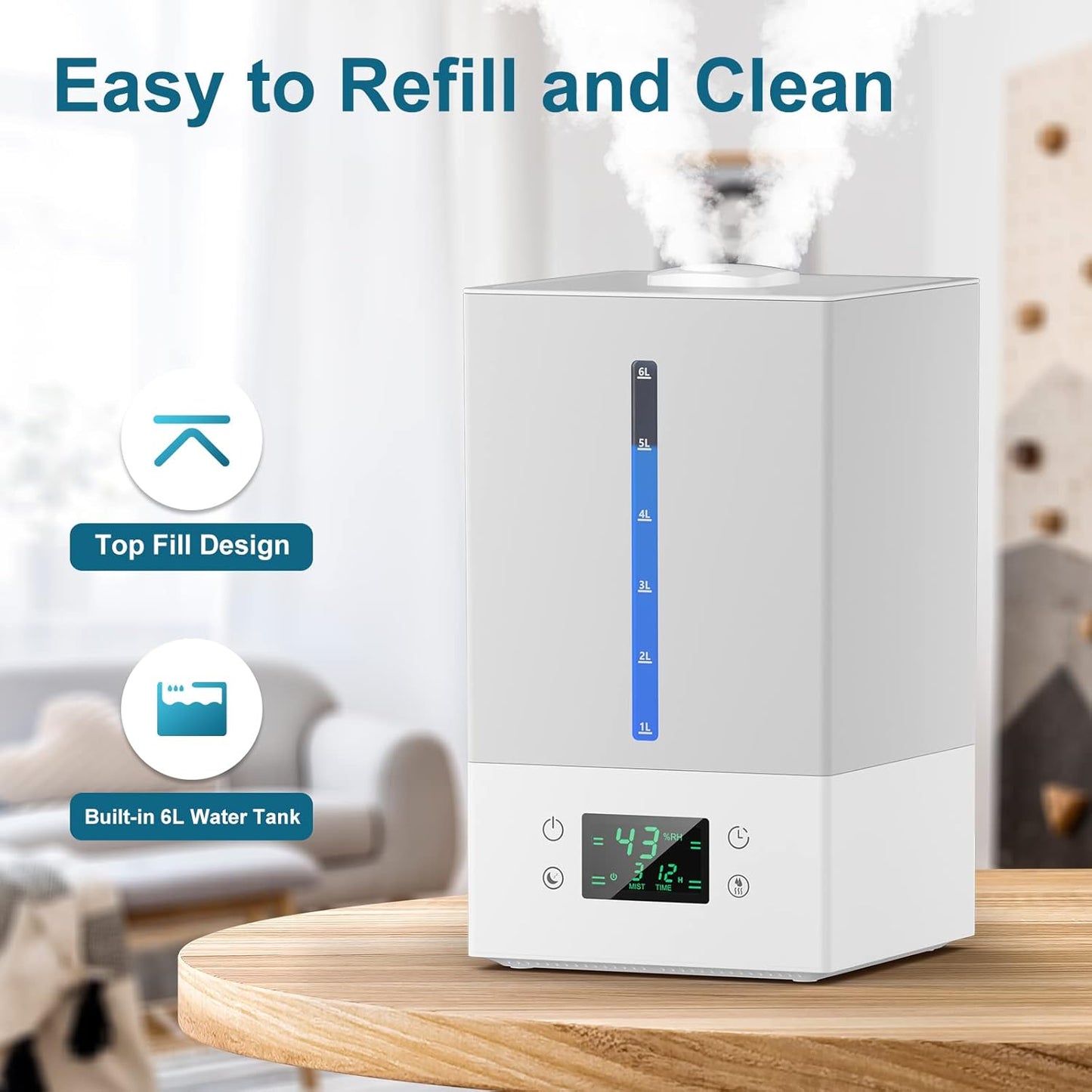 Humidificador de 6 litros, con difusor de aceites, silencioso.