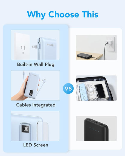 Charmast Cargador portátil con cables integrados y enchufe de pared.