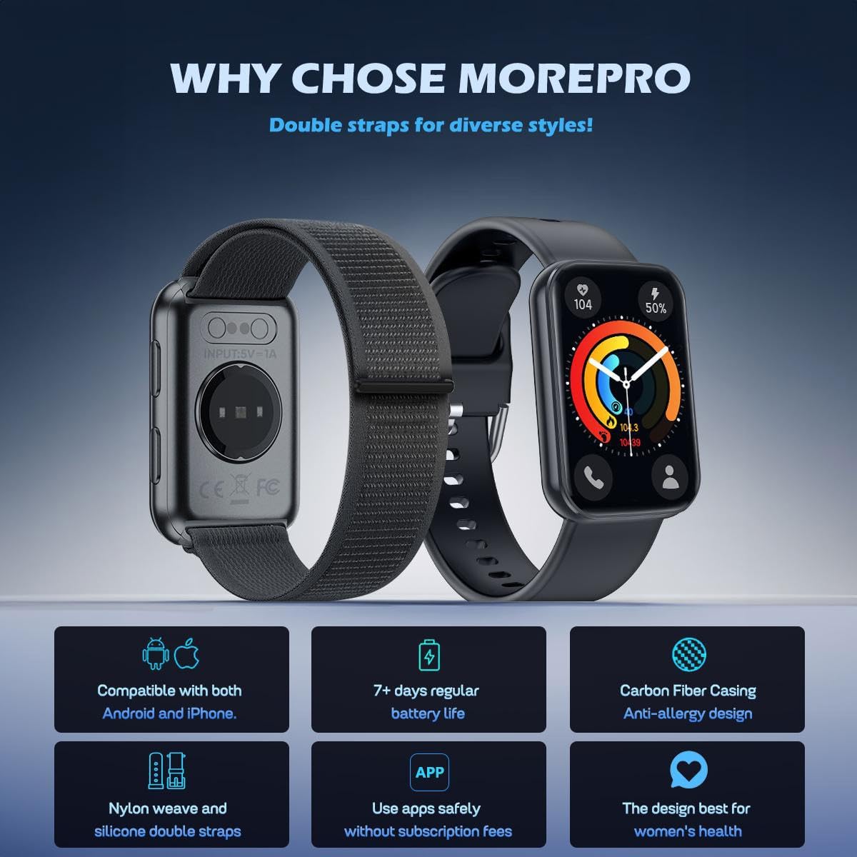 Reloj inteligente, IP68 impermeable, fitness tracker, MorePro AIR2. (NEGRO)