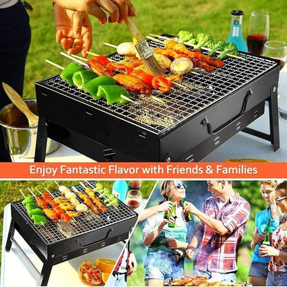 Asador de carbón portátil, plegable de acero inoxidable, uso exterior.