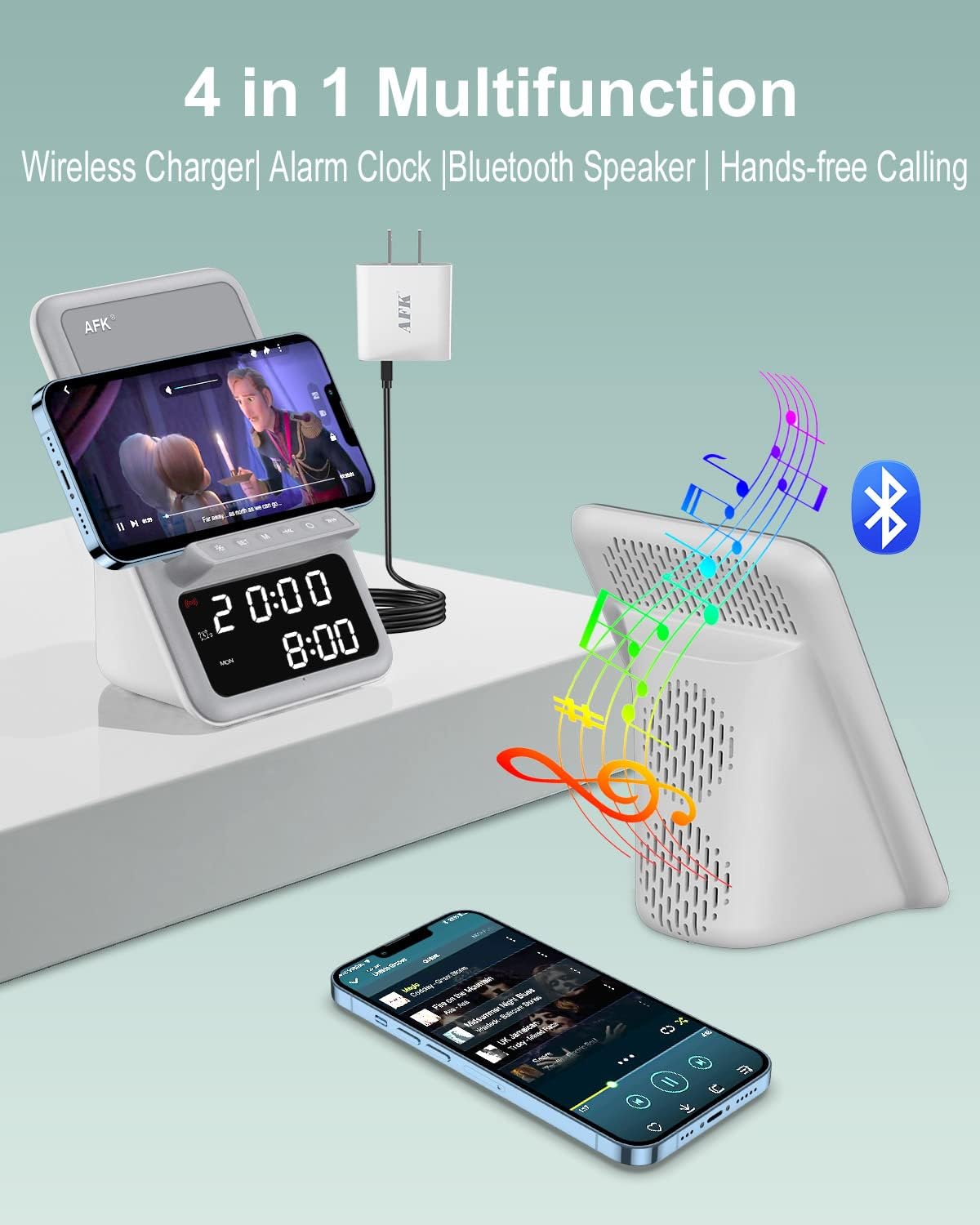 Estación, carga inalámbrica, altavoz Bluetooth, reloj despertador.