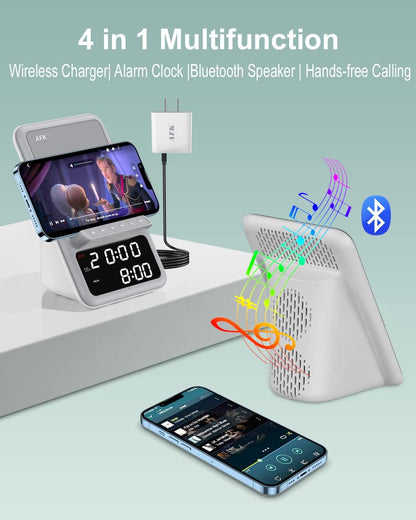 Estación, carga inalámbrica, altavoz Bluetooth, reloj despertador.