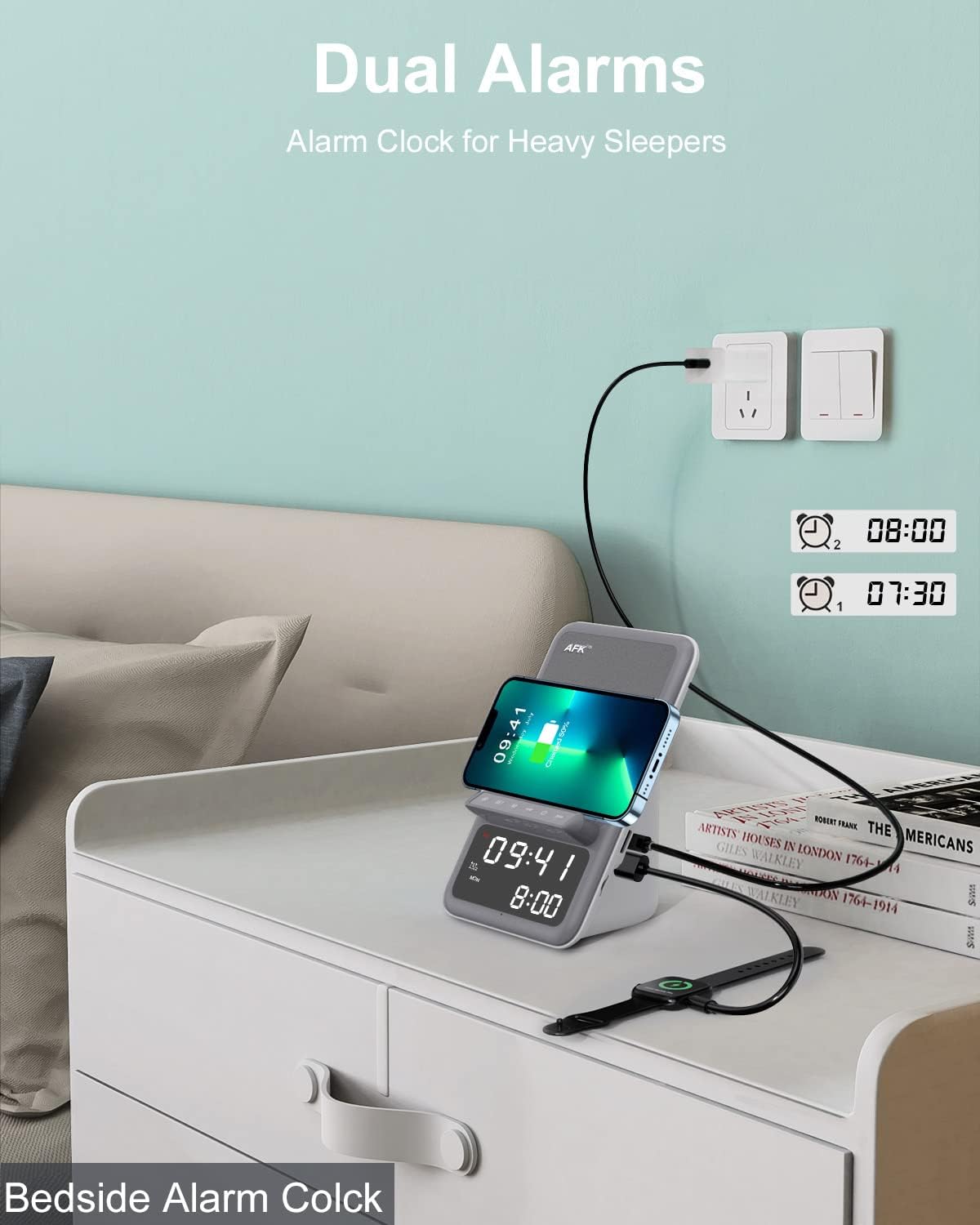 Estación, carga inalámbrica, altavoz Bluetooth, reloj despertador.