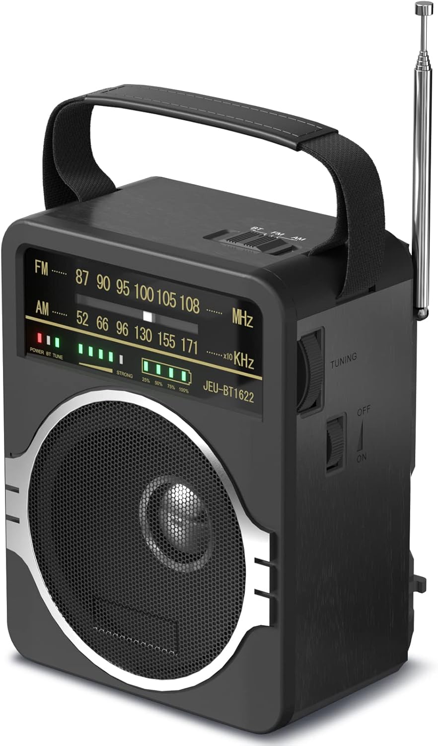 Radio FM portátil AM, radio Bluetooth 5.0, altavoz de 5V. JEUJUG.