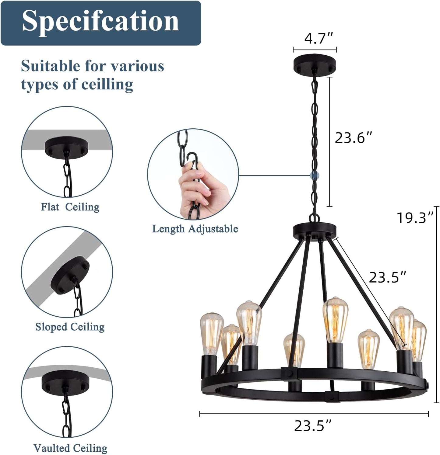 Lámpara colgante, 23.6", 8 luces, redonda, metal negro.