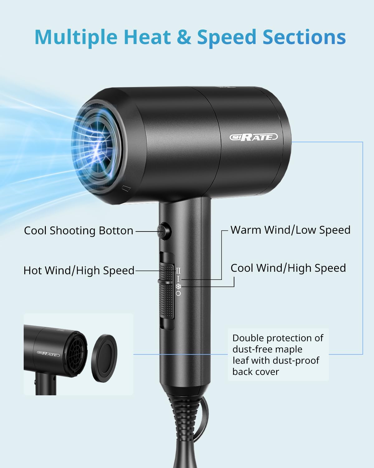 Secador de pelo iónico, con difusores, 1800W, secado rápido.