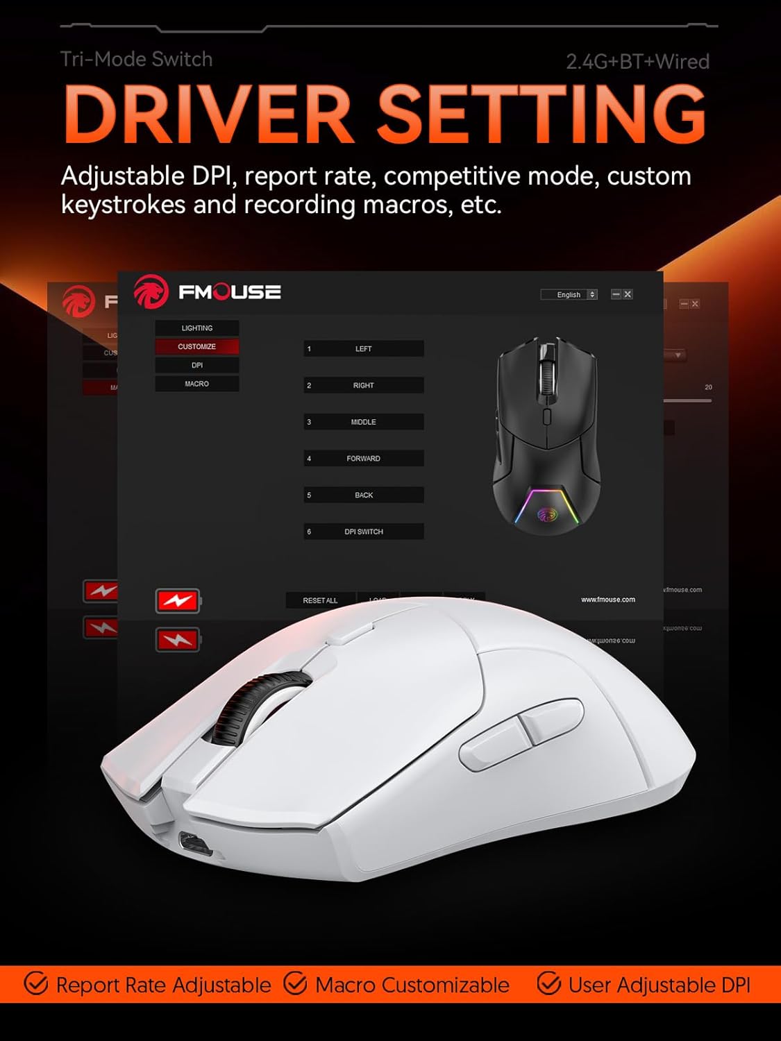 Mouse inalámbrico blanco para juegos, tres modos (2.4G/Bluetooth/cableado)