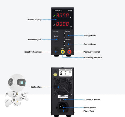 Fuente de alimentación CC variable, digital de 30V, 10A, Pantalla LED.