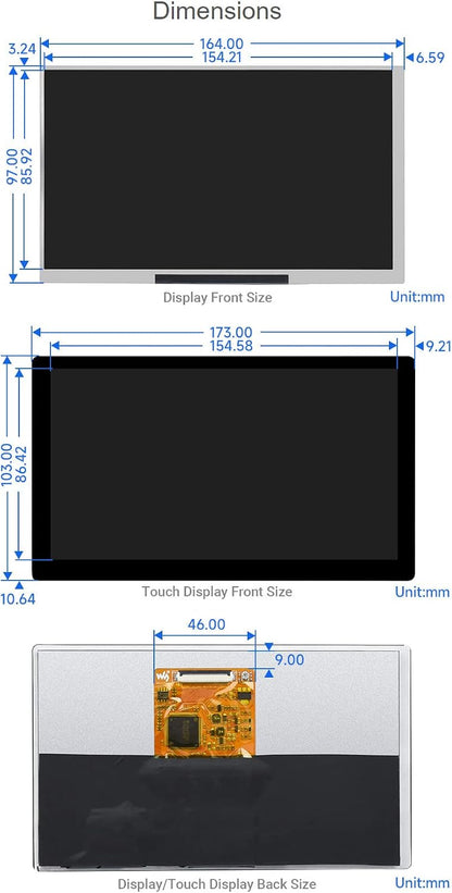 Pantalla integrada OLED Waveshare de 7", 1024 × 600 con función táctil.