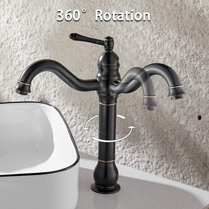 Grifo giratorio de 360° para lavabo de una sola manija y drenaje, bronce aceitado