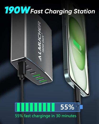 Estación de carga USB C, de 190 W, 7 puertos PD 3.0, Almucher.