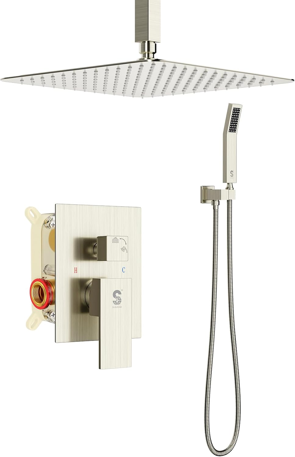 Sistema de ducha de níquel cepillado de 12", con cuerpo de valvula.