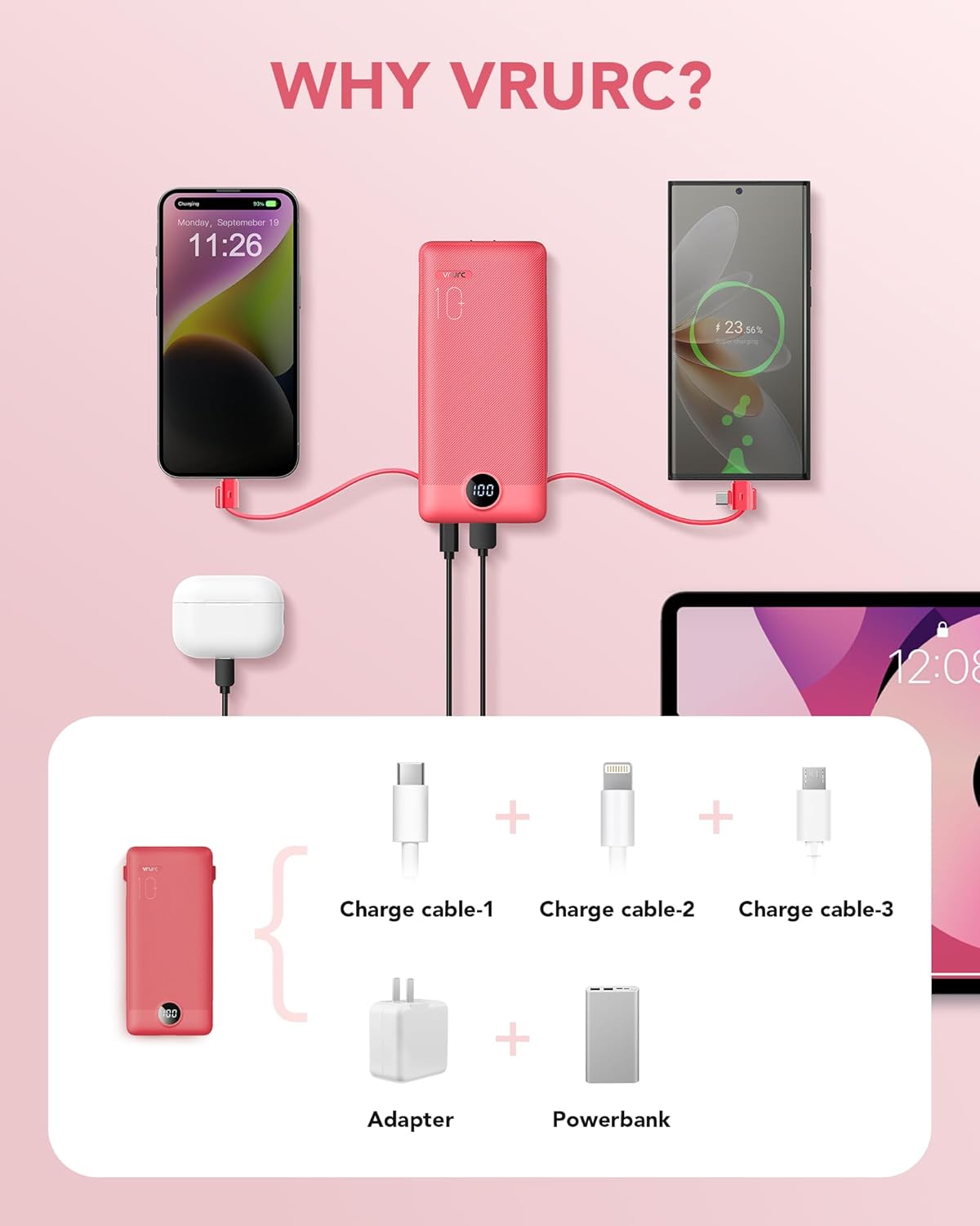 VRURC Cargador portátil con cables y enchufe, 10000mAh.