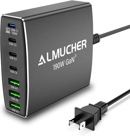 Estación de carga USB C, de 190 W, 7 puertos PD 3.0, Almucher.