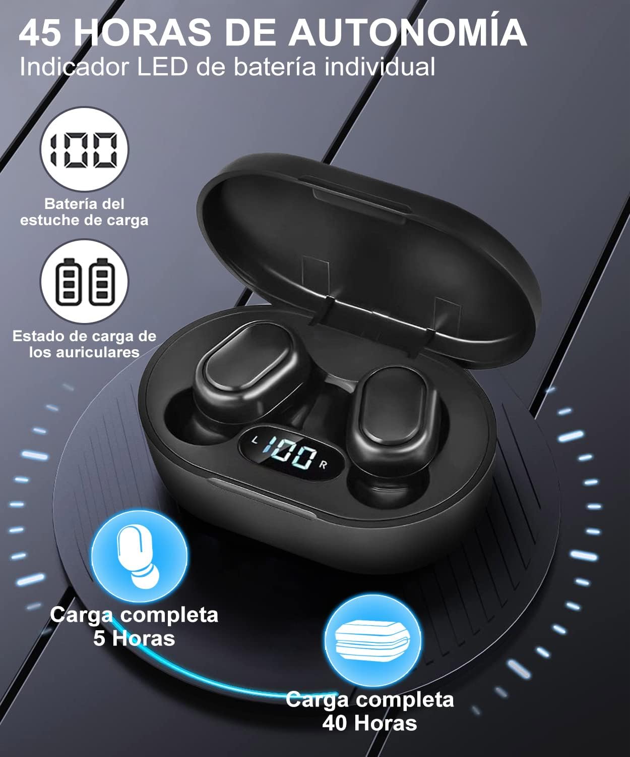 Auriculares Bluetooth inalámbricos, intraurales, pantalla tactil.