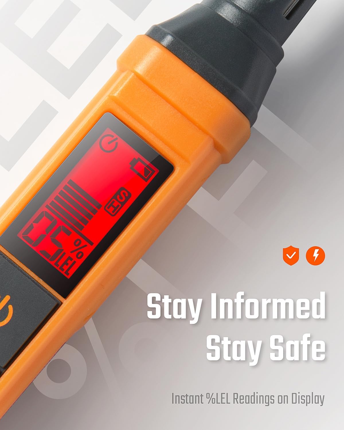 Detector de fugas de gas con % valor LEL, con alarma audible.