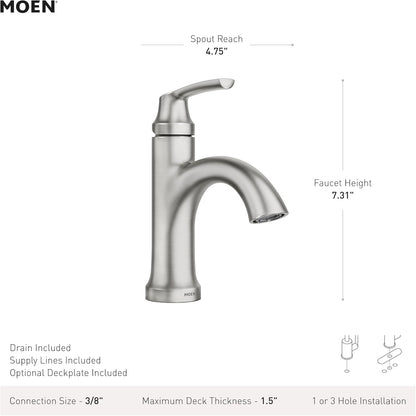 Grifo central para lavabo de baño, Moen 84980SRN Wellton, níquel cepillado.