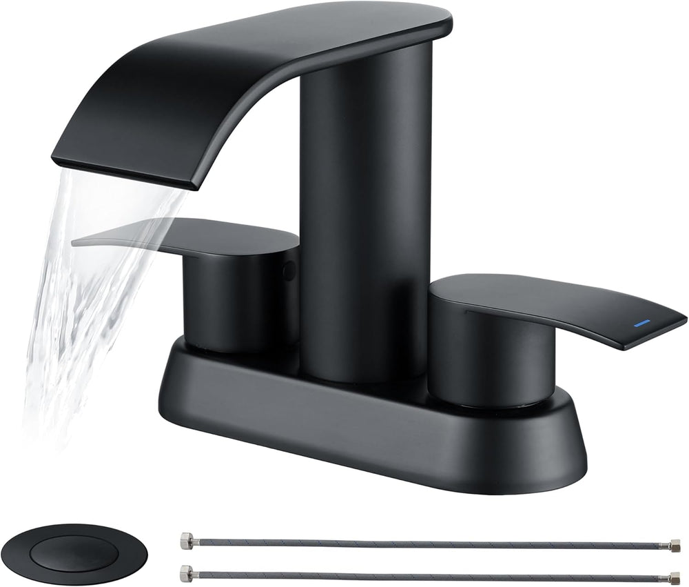 Grifo de baño de cascada negra, 4 pulgadas para 3 agujeros con drenaje desplegable.