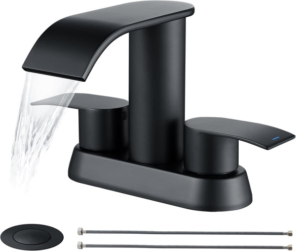 Grifo de baño de cascada negra, 4 pulgadas para 3 agujeros con drenaje desplegable.
