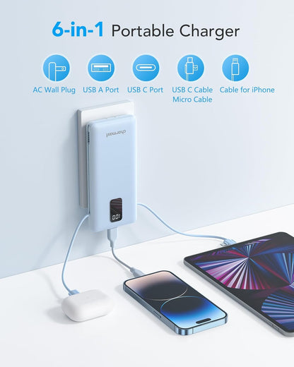 Charmast Cargador portátil con cables integrados y enchufe de pared.
