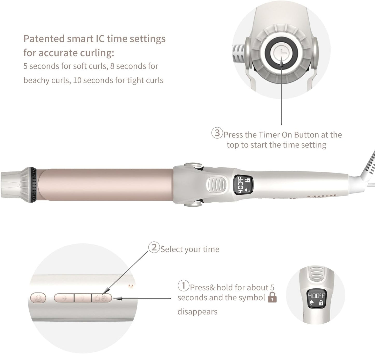 MIRACOMB Rizador de pelo de cerámica, temporizador inteligente.