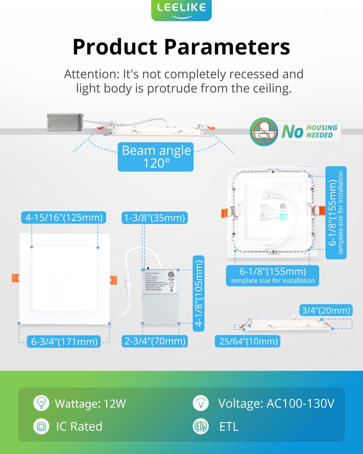 Leelike Paquete de 12 luces LED cuadradas 6" 12W