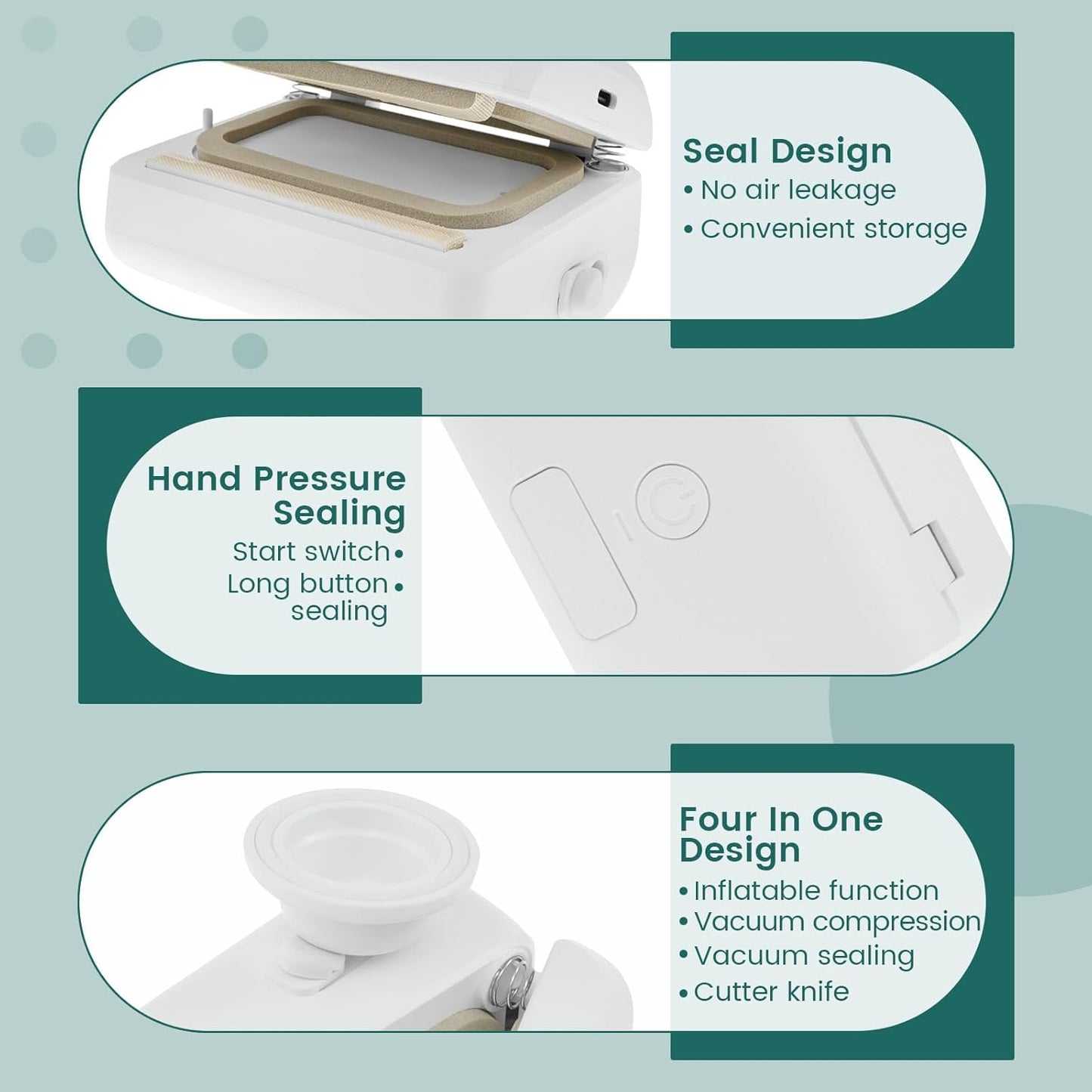 Mini Selladora multifunción, envasa al vacío, infla, sella al vacío.