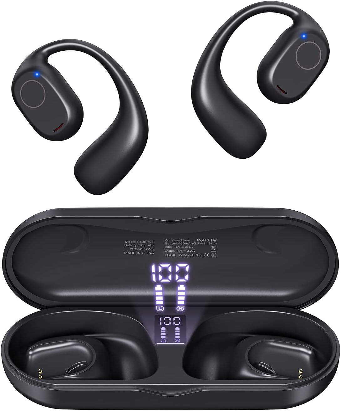 PSIER - Auriculares Abiertos Negros con Bluetooth 5.3, Auriculares Deportivos