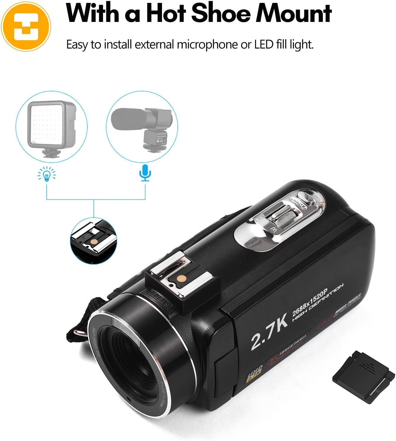 Cámara de video digital 2.7K, 48 MP, zoom digital 16X, panel táctil.