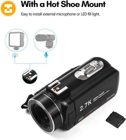 Cámara de video digital 2.7K, 48 MP, zoom digital 16X, panel táctil.