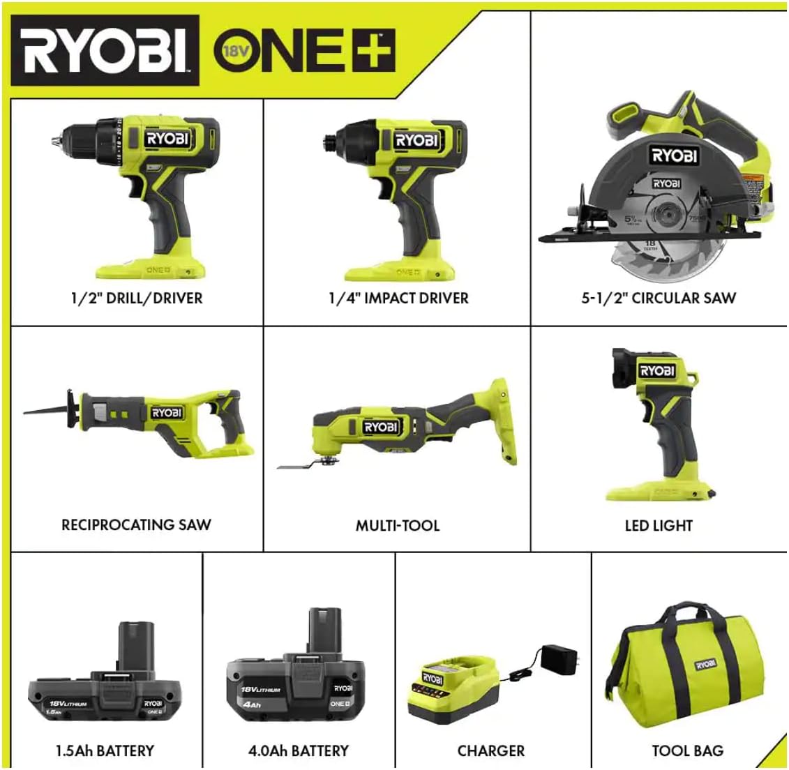 RYOBI ONE+ PCL1600K2 Kit combinado inalámbrico de 6 herramientas de 18 V.