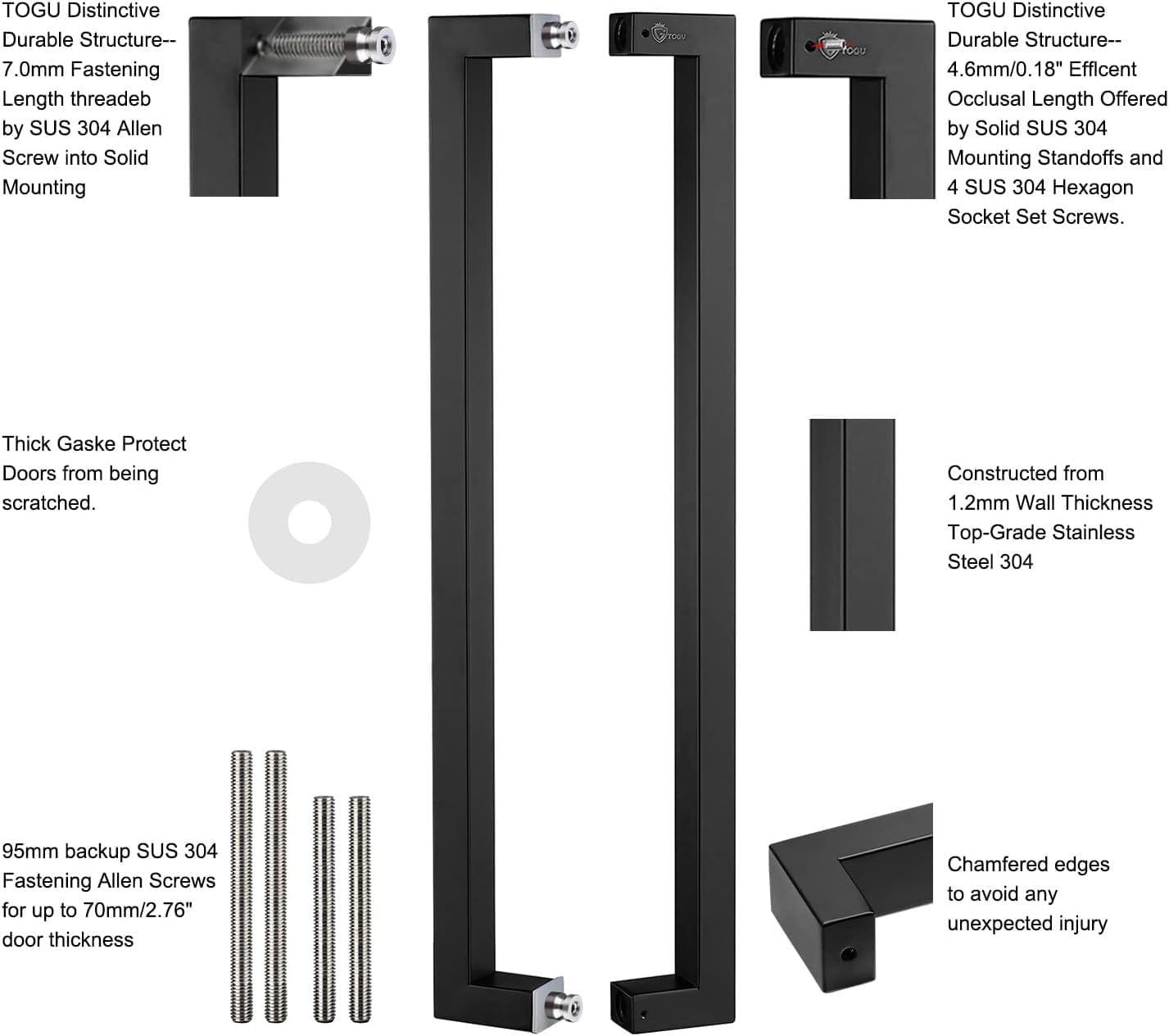 Manija de puerta retangular, acero inoxidable, negro matte.