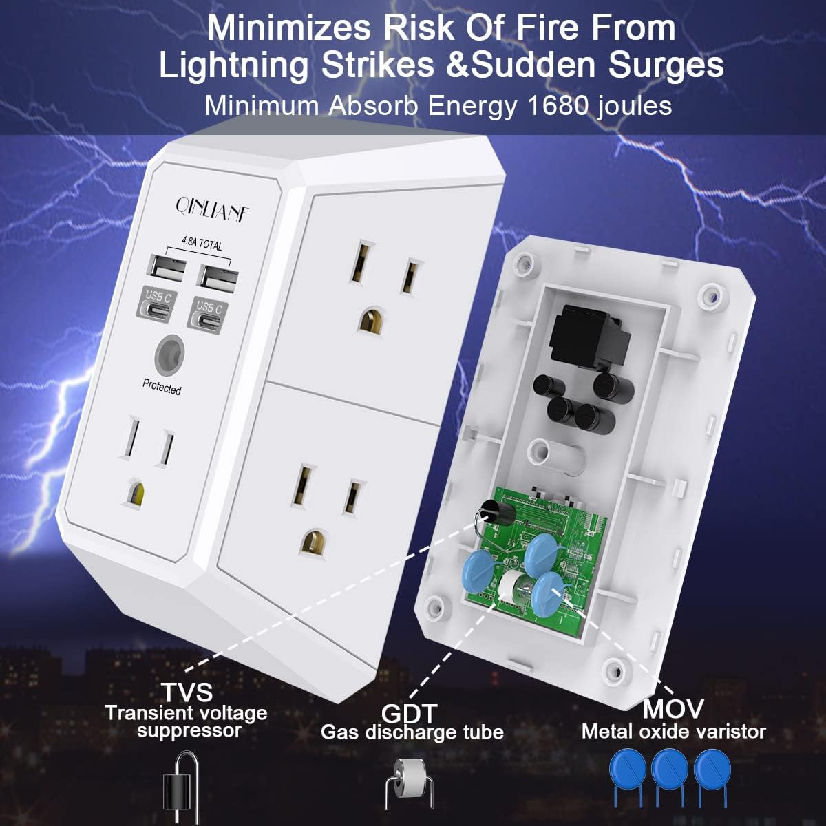 Cargador de pared USB, de 5 tomacorrientes , 3 puertos USB y  1 tipo  C